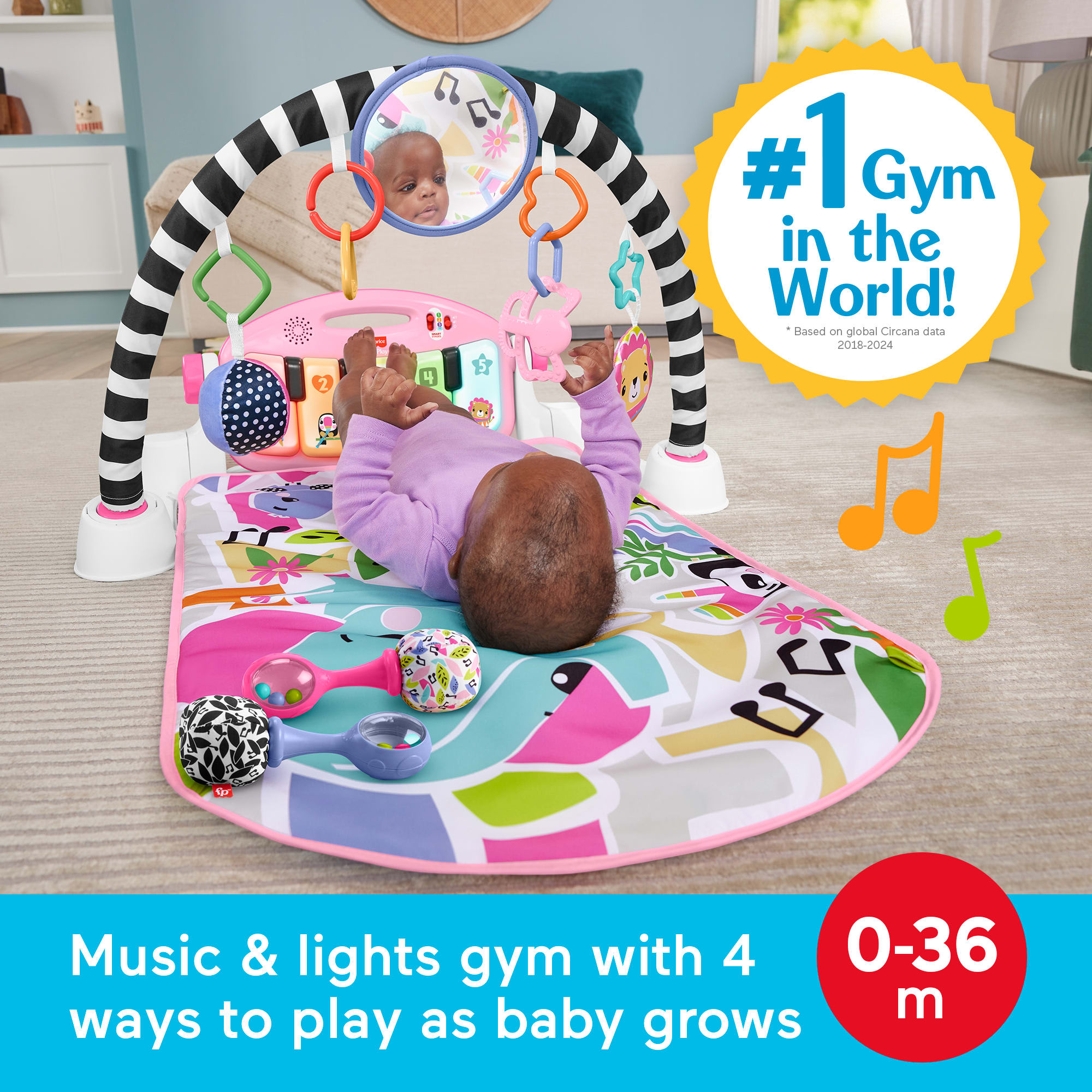 Fisher-Price Glow And Grow Kick & Play Piano Gym Baby Learning Toy With 2 Maracas, Pink