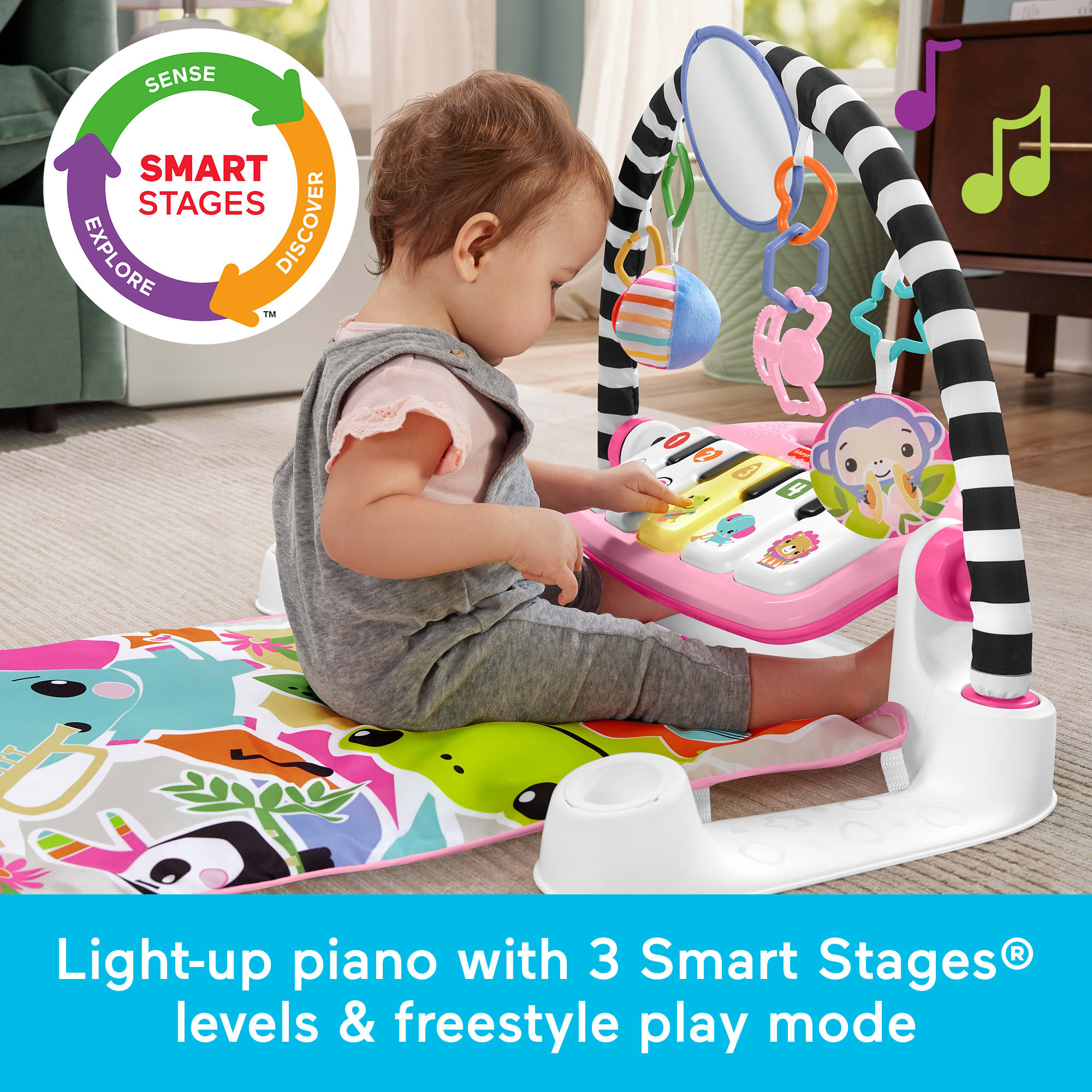 Fisher-Price Glow And Grow Kick & Play Piano Gym Baby Learning Toy With 2 Maracas, Pink