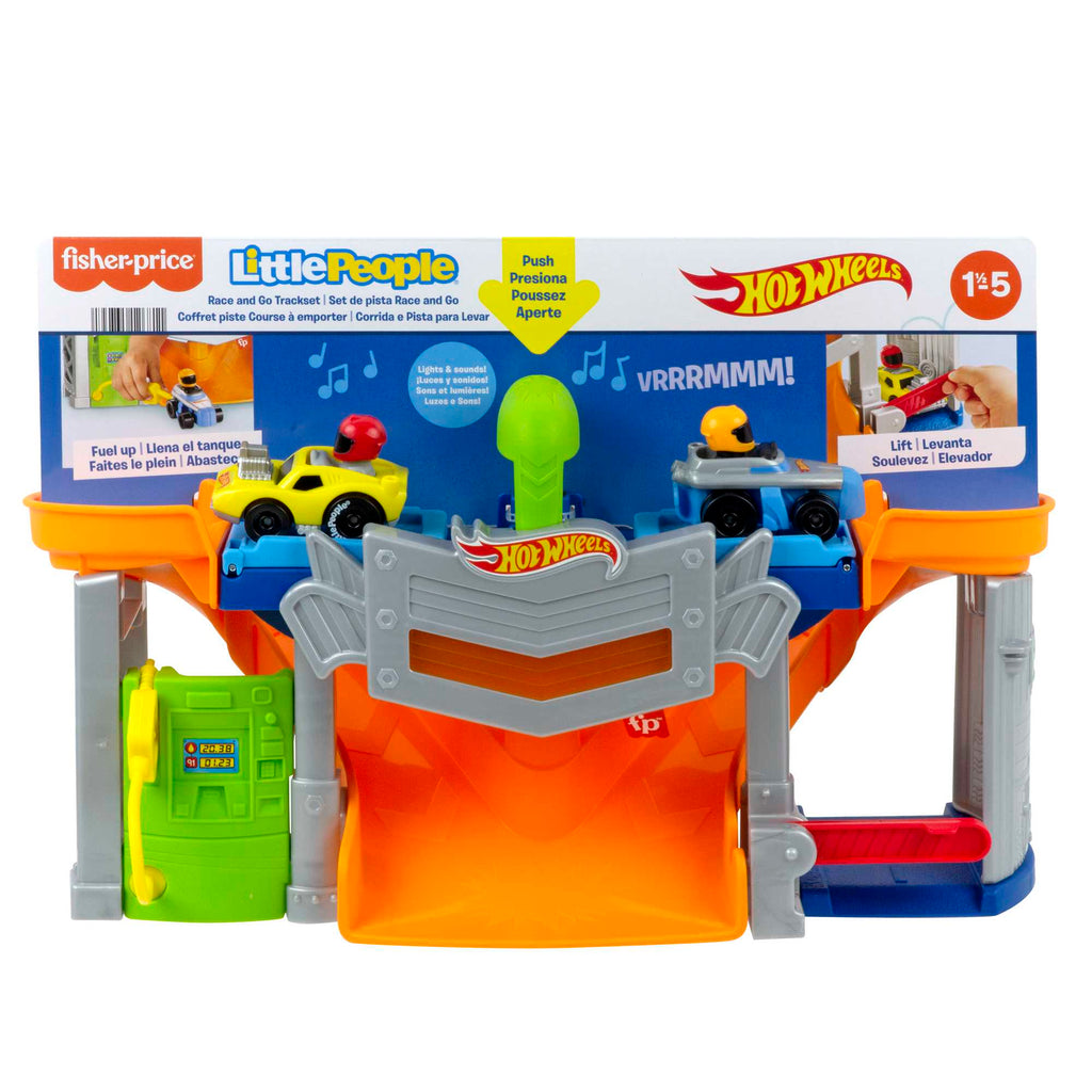 Fisher-Price Little People Hot Wheels Race Track For Toddlers, Race And Go Track Set, 2 Cars