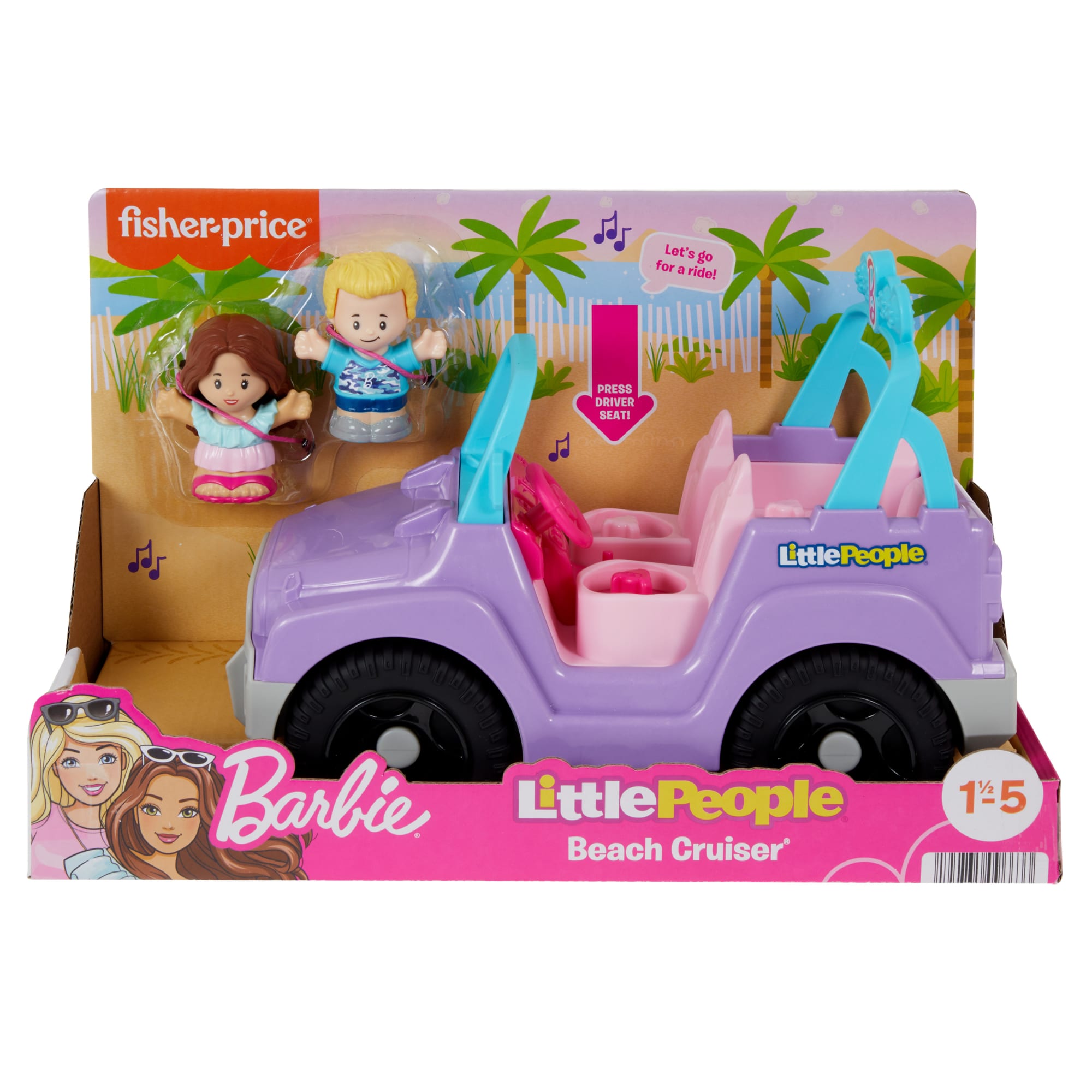 Little People Barbie Toy Car With Music Sounds And 2 Figures, Beach Cruiser, Toddler Toys