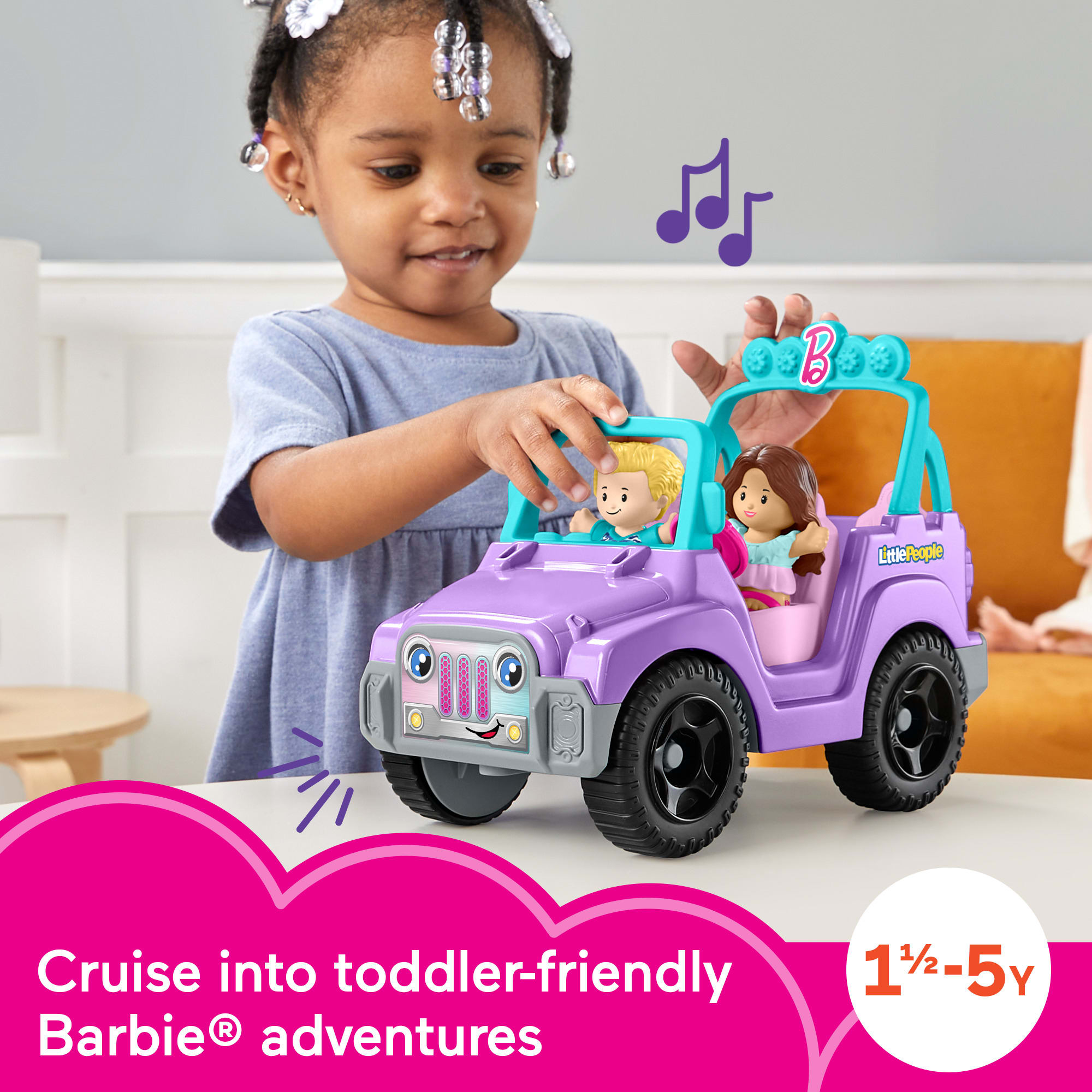 Little People Barbie Toy Car With Music Sounds And 2 Figures, Beach Cruiser, Toddler Toys