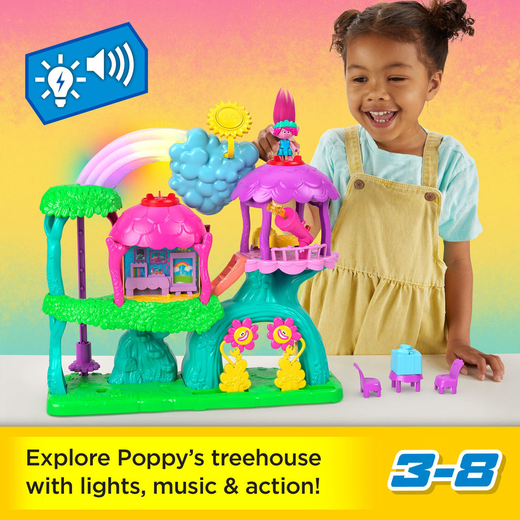 Imaginext Dreamworks Trolls Lights & Sounds Rainbow Treehouse Playset With Poppy, 7 Pieces