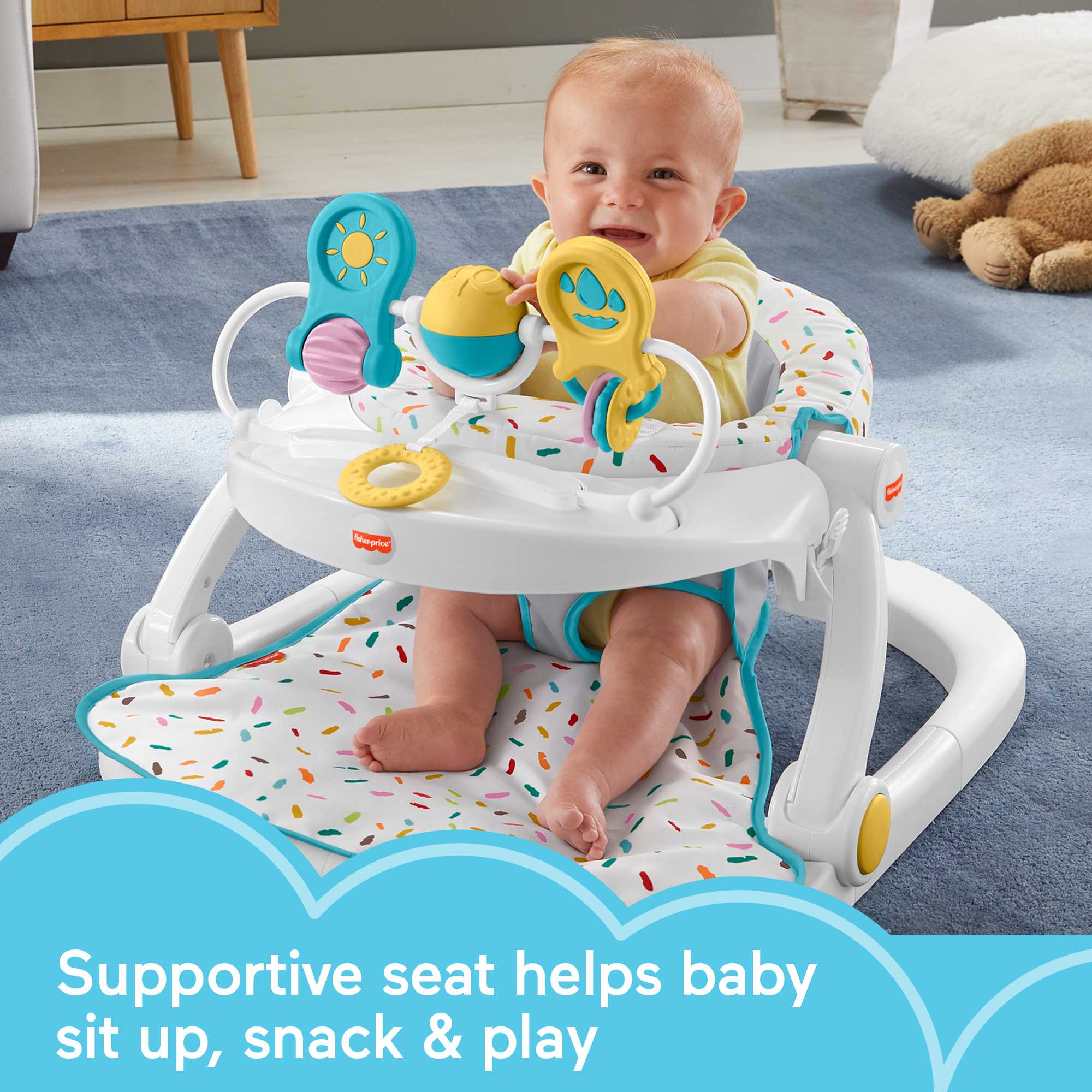 Fisher-Price Deluxe Sit-Me-Up Floor Seat Portable Baby Chair With Toy Bar, Rainbow Sprinkles