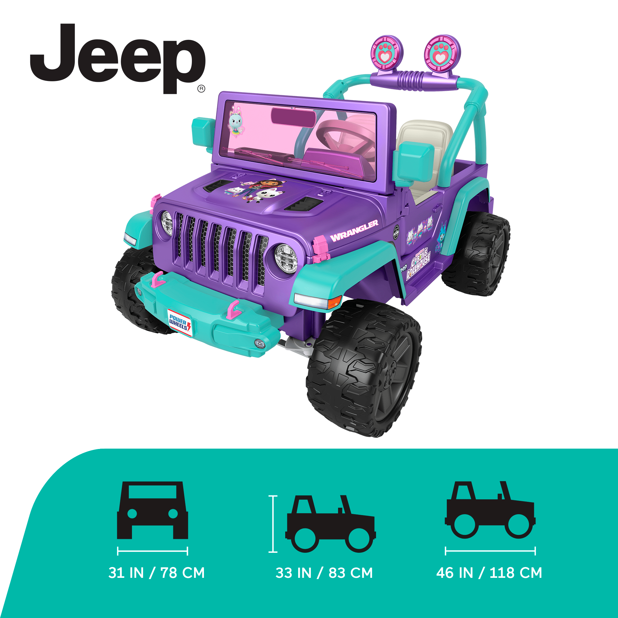 Power Wheels Gabby's Dollhouse Jeep Wrangler Battery-Powered Ride-On Toy Vehicle With Sounds