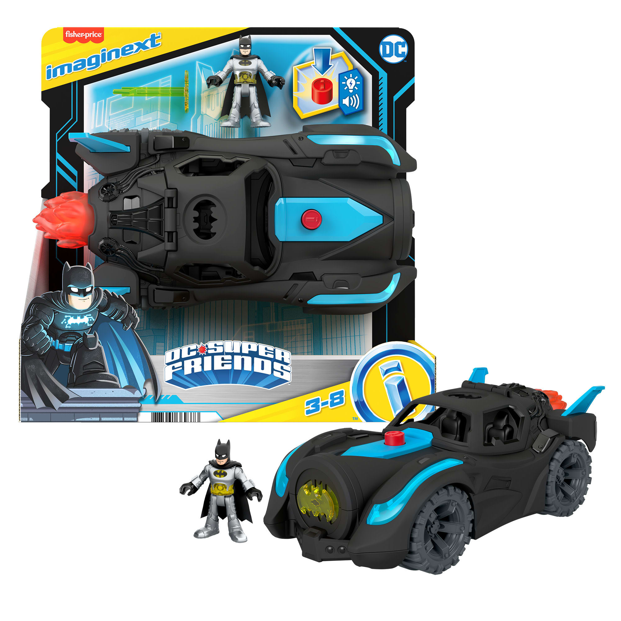 Imaginext DC Super Friends Lights & Sounds Batmobile, Batman Figure & Vehicle, 3-Piece Preschool Toys